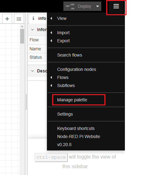 Manage Palette NodeRED