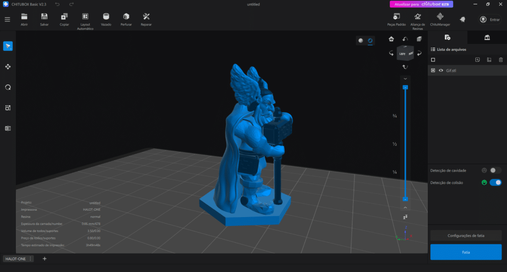 Modelo 3D sendo fatiado para impressão