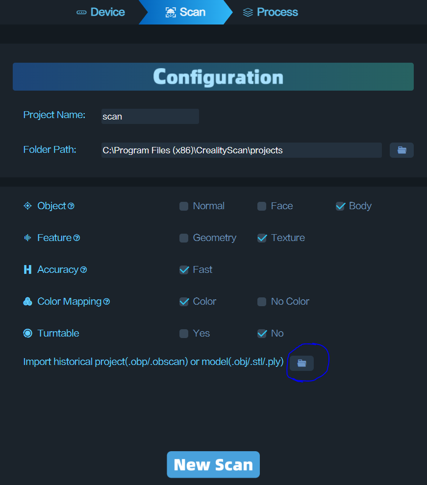 importação de arquivo para scan