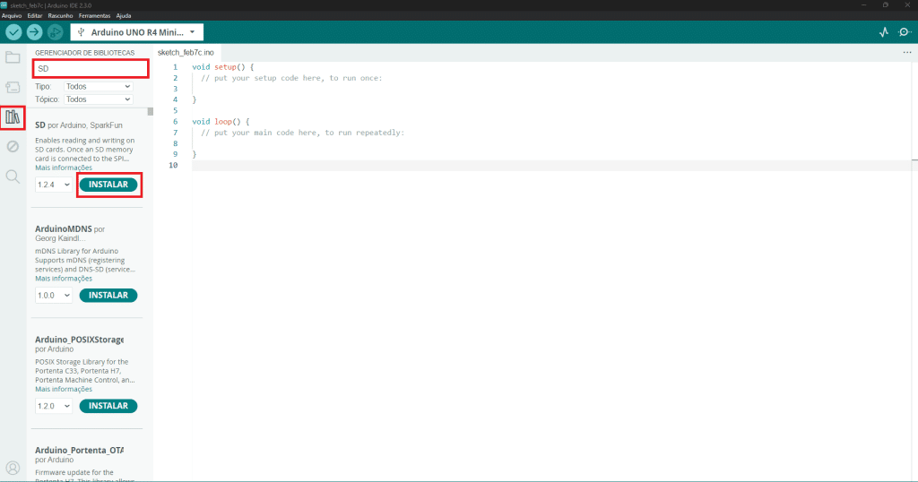 Arduino IDE gerenciador de bibliotecas