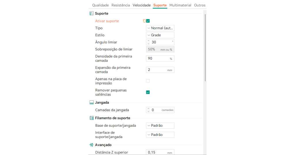 Configuração de suporte no Orca Slicer