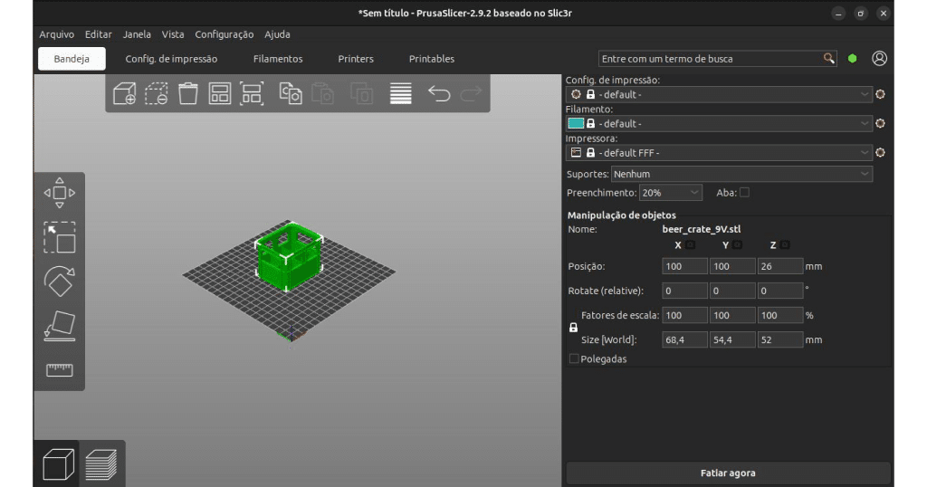 Exemplo de modelo importado no Prusa Slicer 2.9.2